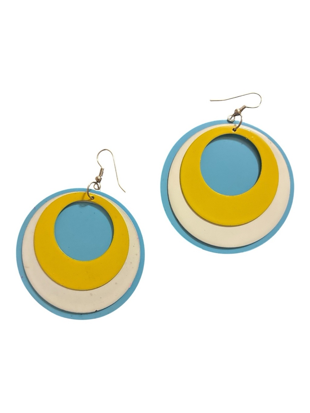 Blue, Yellow & White Layered Round Metal Earrings